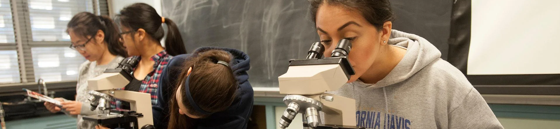 students using microscope at taking notes